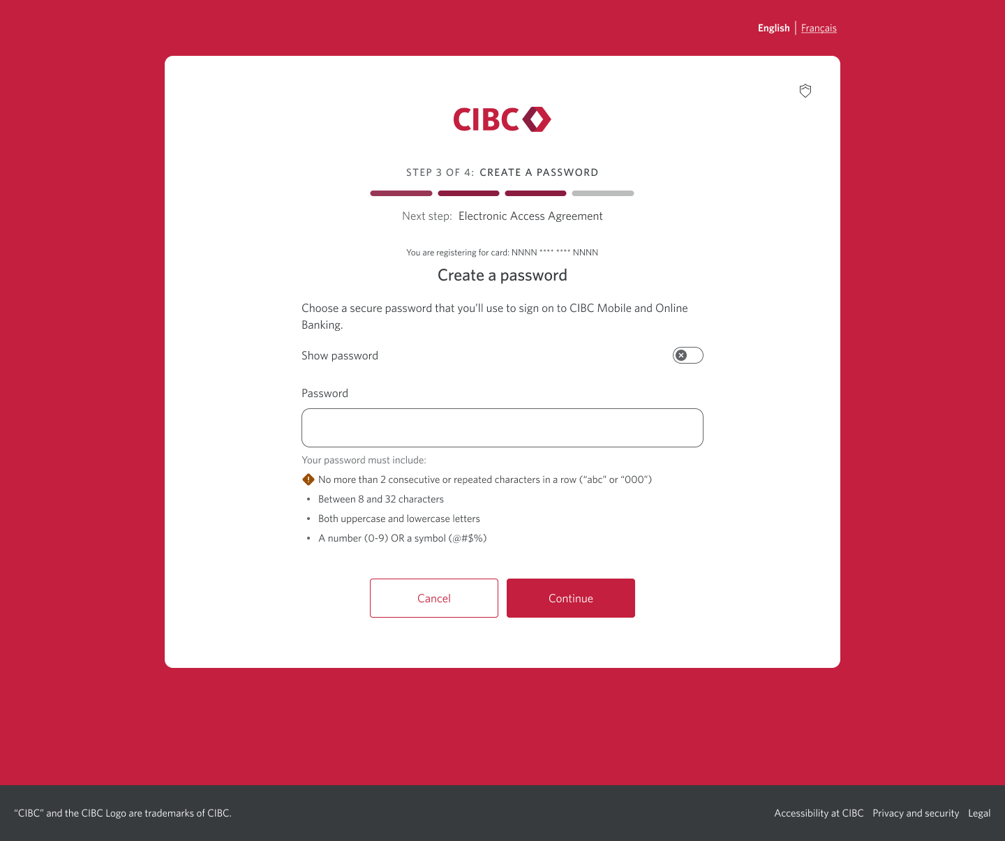 Demo screen 5: Registration page 3a of 4 with password creation input. A pulsing animation highlights the "Continue" button.