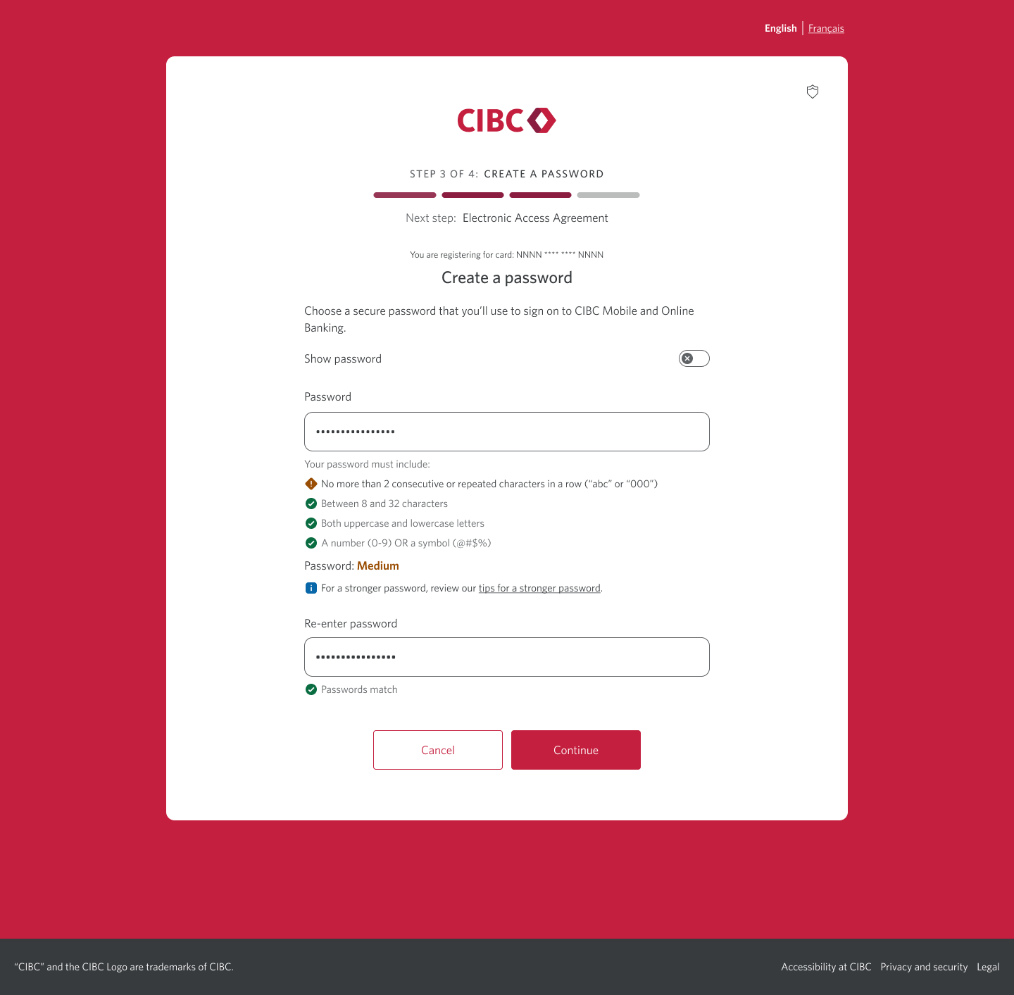Demo screen 6: Registration page 3b of 4 with re-enter password input. A pulsing animation highlights the "Continue" button.