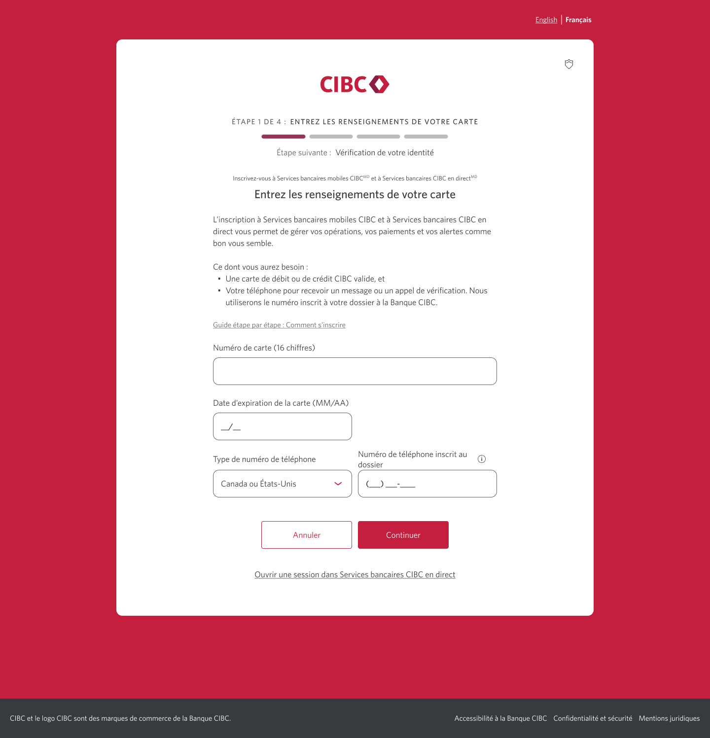 Écran 2 de la démonstration : Page d’inscription 1 de 4 avec des champs pour les renseignements sur la carte. Une animation dynamique met en évidence le bouton Continuer.