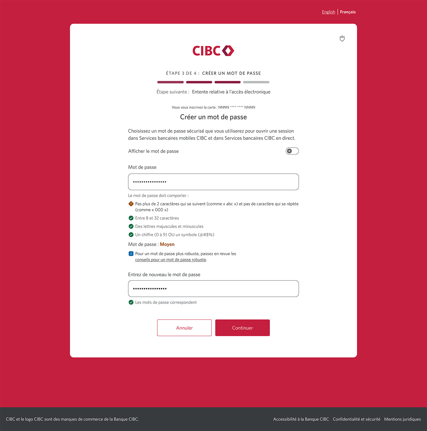 Écran 6 de la démonstration : Page d’inscription 3b de 4 avec nouvelle saisie du mot de passe. Une animation dynamique met en évidence le bouton Continuer.