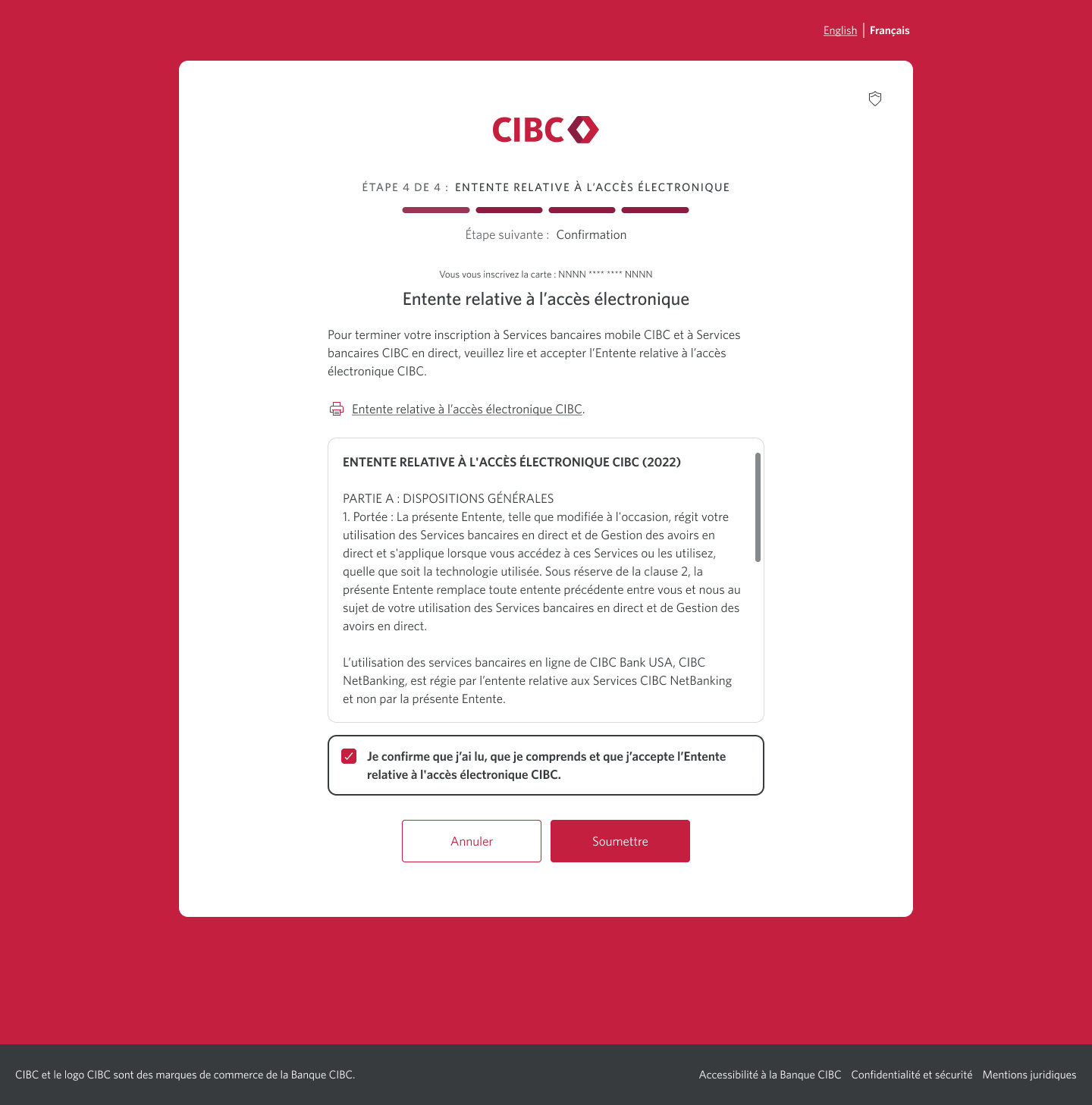 Écran 7 de la démonstration : Page d’inscription 4 de 4 avec entente relative à l’accès électronique. Une animation dynamique met en évidence le bouton Soumettre.