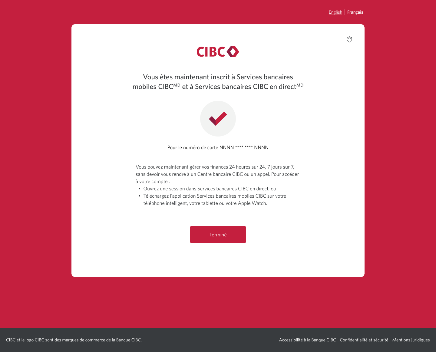 Écran 8 de la démonstration : Page de confirmation indiquant que l’inscription a réussi. Aucune animation dynamique.