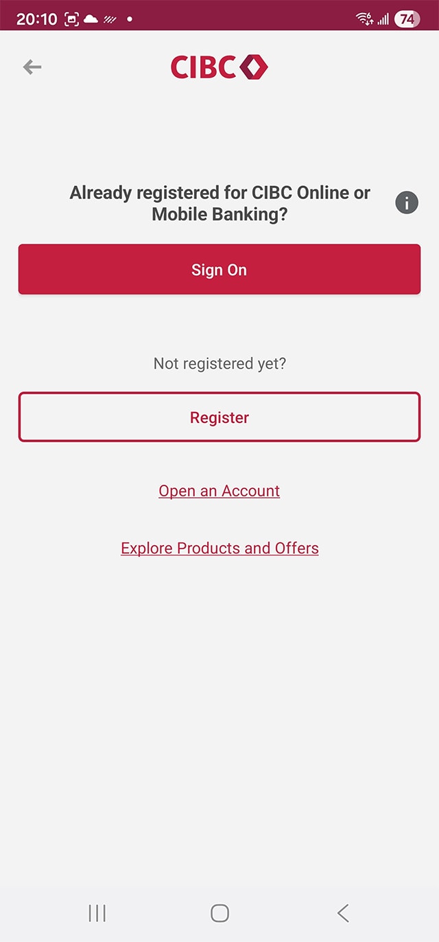 Demo screen 2: Intermediary screen with "Sign on" and "Register" buttons. A pulsing animation highlights the "Register" button.