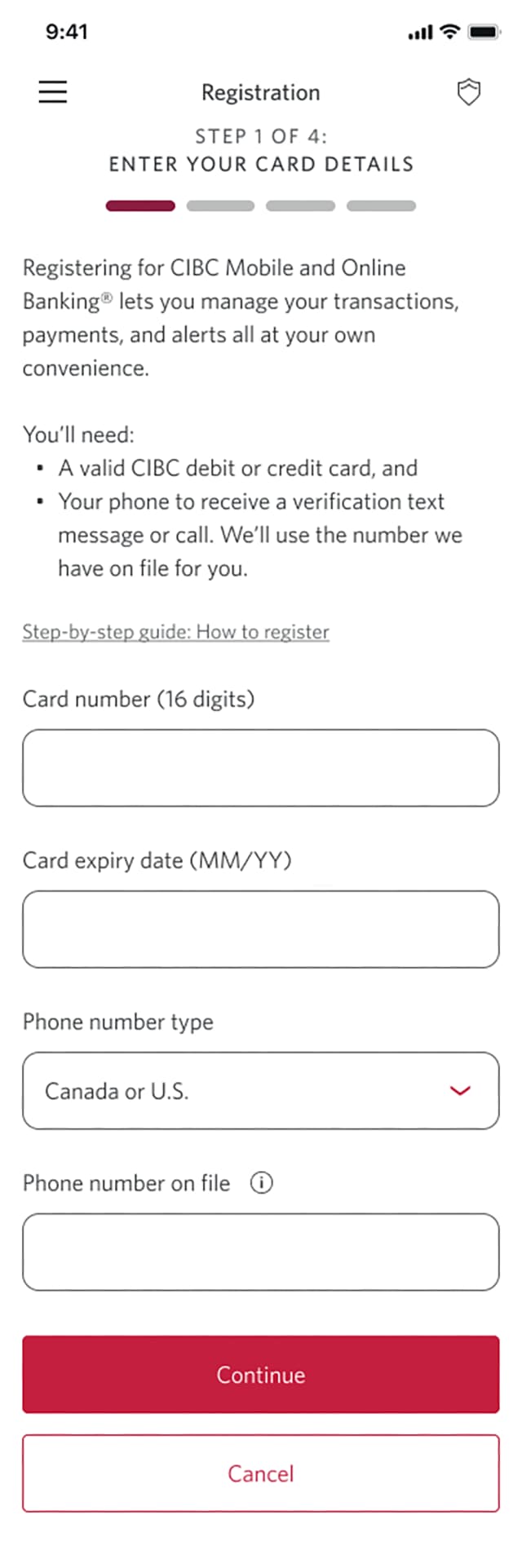 Demo screen 3: Registration page 1 of 4 with fields for card details. A pulsing animation highlights the "Card number" field.