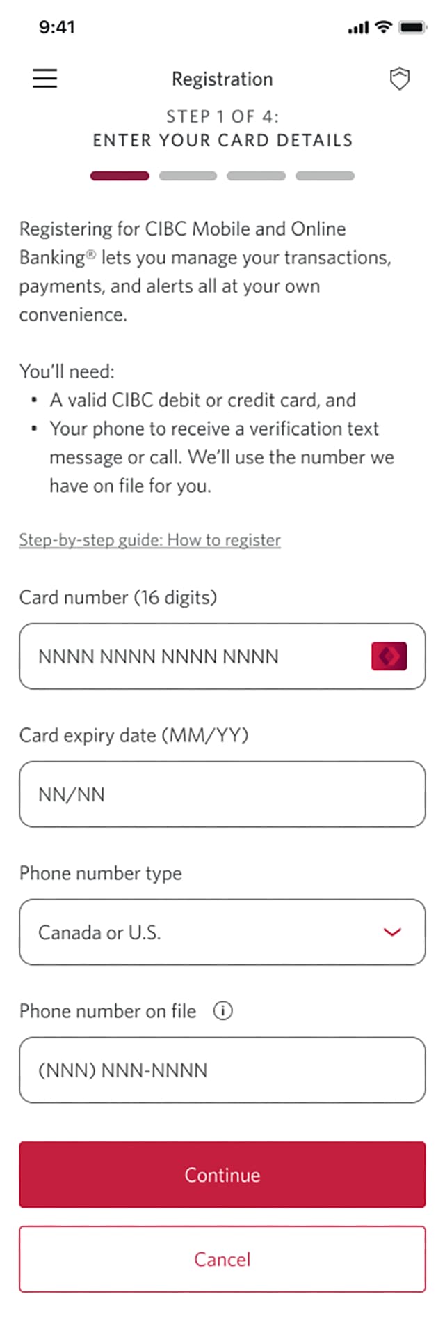 Demo screen 4: Registration page 1 of 4 with fields for card details. A pulsing animation highlights the "Continue" button.