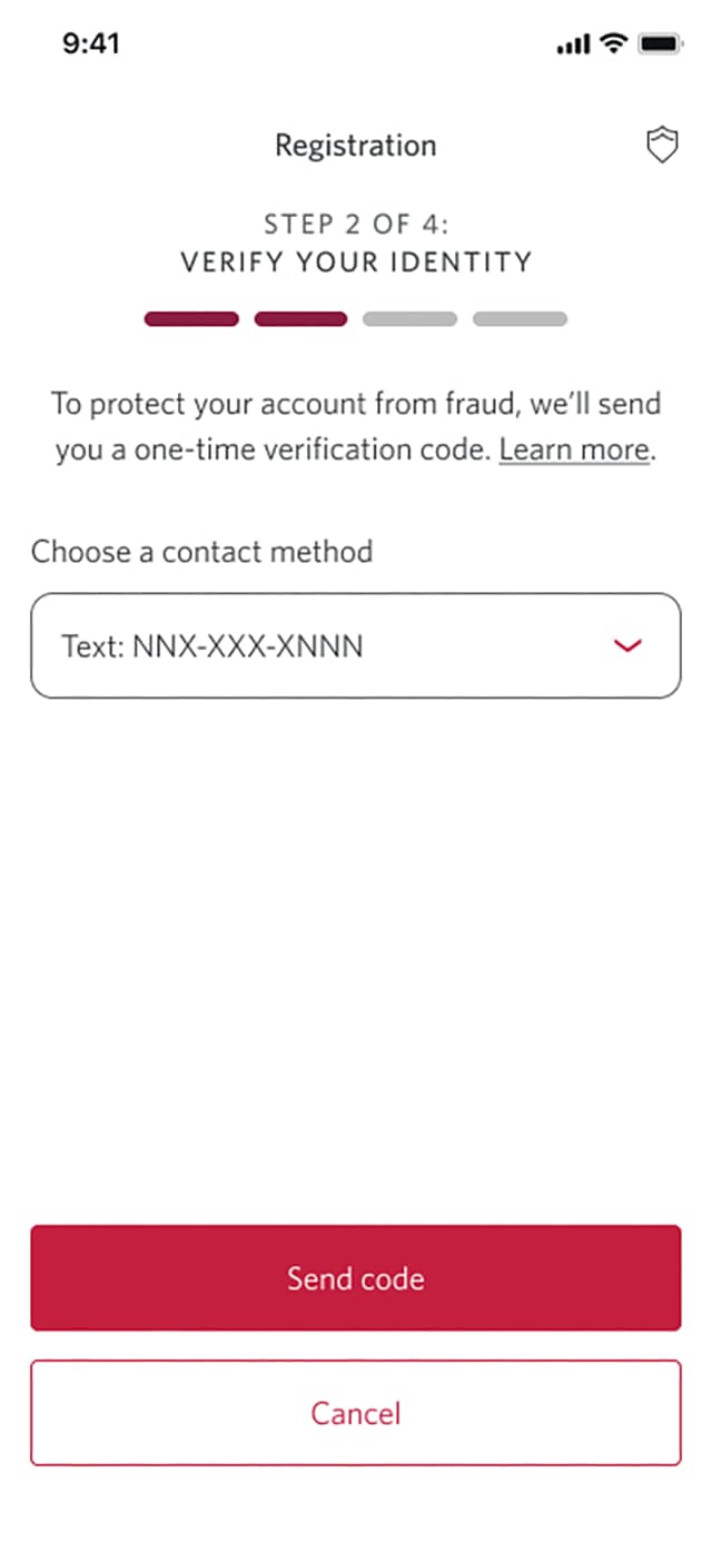 Demo screen 5: Registration page 2a of 4 with contact method selection. A pulsing animation highlights the "Send code" button.