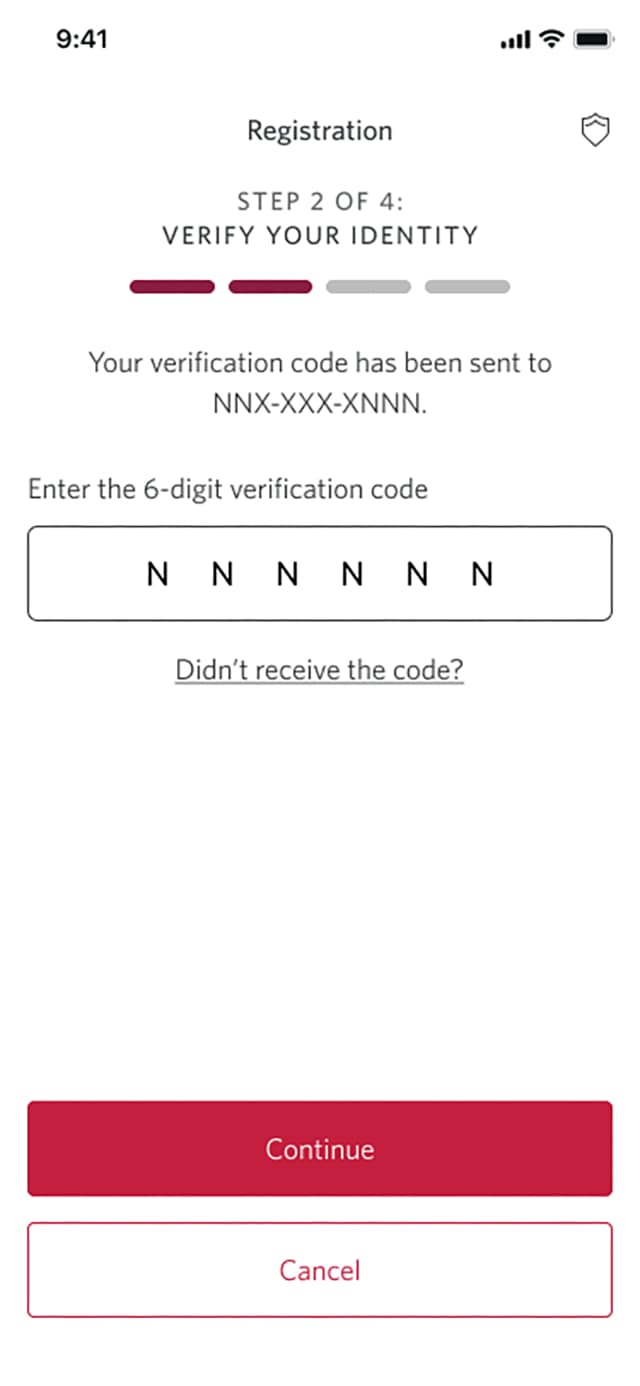 Demo screen 6: Registration page 2b of 4 with verification code input. A pulsing animation highlights the "Continue" button.