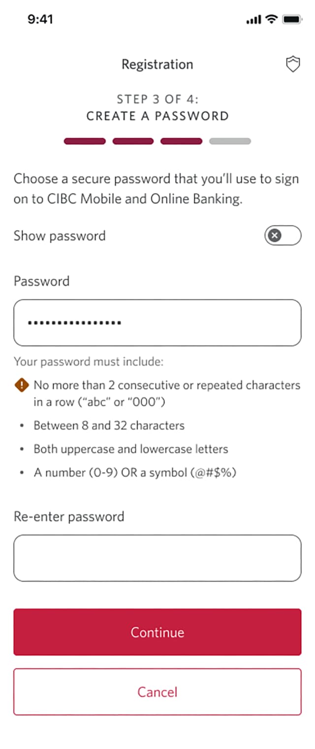 Demo screen 7: Registration page 3a of 4 with password creation input. A pulsing animation highlights the "Continue" button.