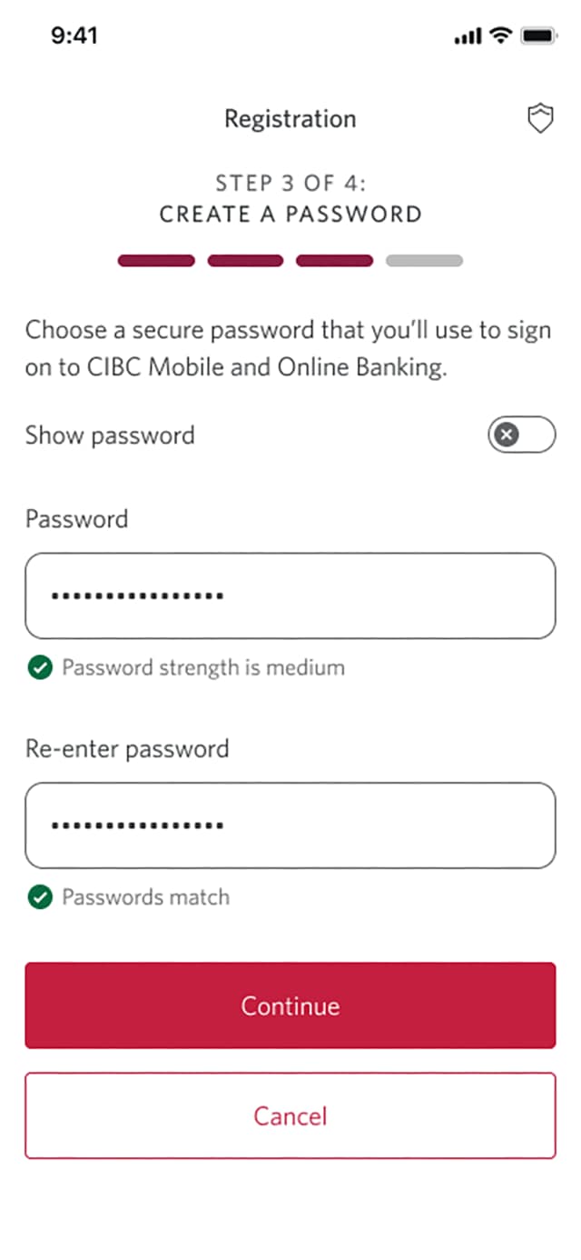 Demo screen 8: Registration page 3b of 4 with re-enter password input. A pulsing animation highlights the "Continue" button.