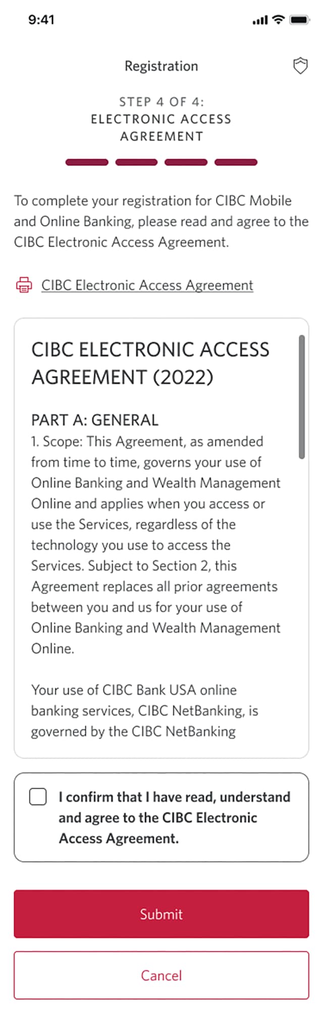 Demo screen 9: Registration page 4a of 4 with Electronic Access Agreement. A pulsing animation highlights the confirmation checkbox.