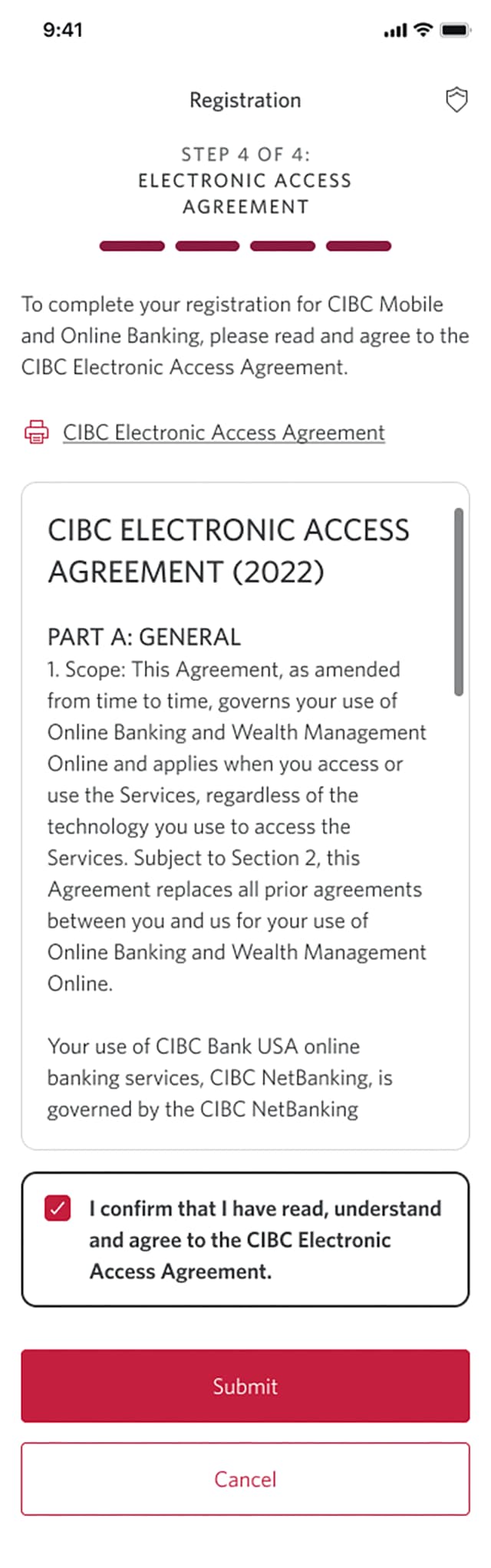 Demo screen 10: Registration page 4b of 4 with Electronic Access Agreement. A pulsing animation highlights the "Submit" button.