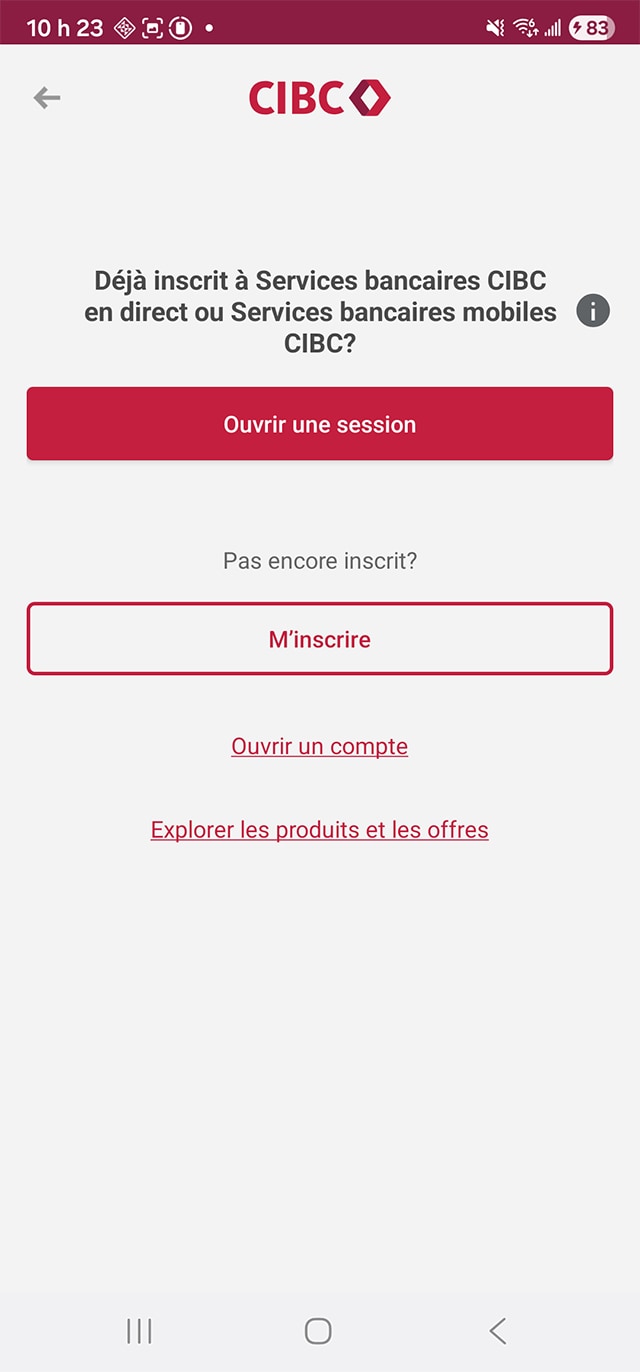 Écran 2 de la démonstration : Écran intermédiaire avec les boutons Ouvrir une session et S’inscrire. Une animation dynamique met en évidence le bouton S’inscrire.