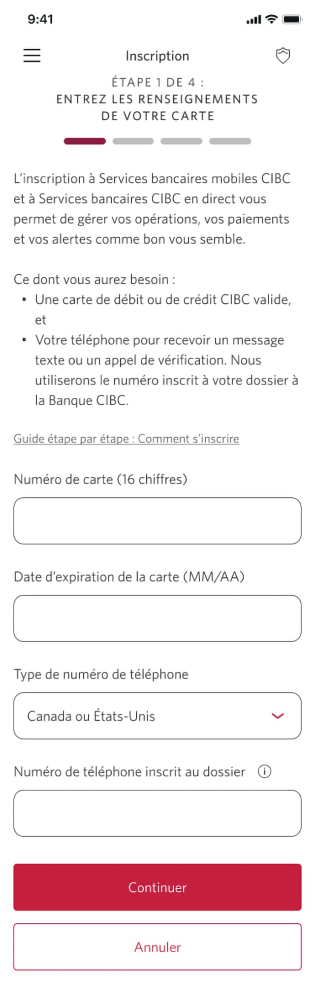 Écran 3 de la démonstration : Page d’inscription 1 de 4 avec des champs pour les renseignements sur la carte. Une animation dynamique met en évidence le champ Numéro de carte.