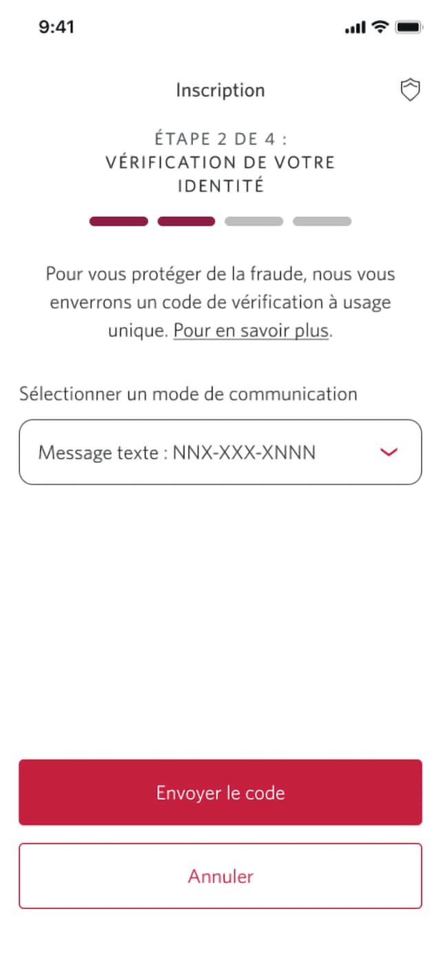 Écran 5 de la démonstration : Page d’inscription 2a de 4 avec le choix du mode de communication. Une animation dynamique met en évidence le bouton Envoyer le code.