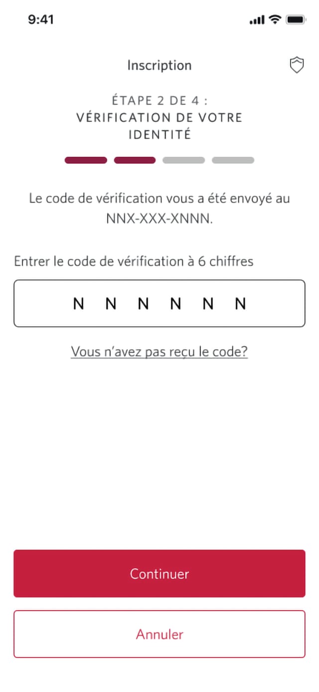 Écran 6 de la démonstration : Page d’inscription 2b de 4 avec saisie du code de vérification. Une animation dynamique met en évidence le bouton Continuer.