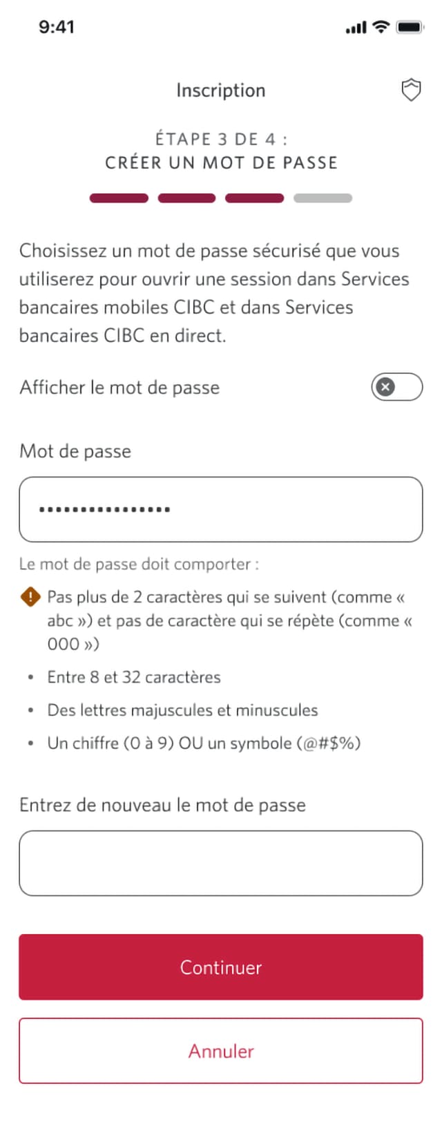 Écran 7 de la démonstration : Page d’inscription 3a de 4 avec création du mot de passe. Une animation dynamique met en évidence le bouton Continuer.