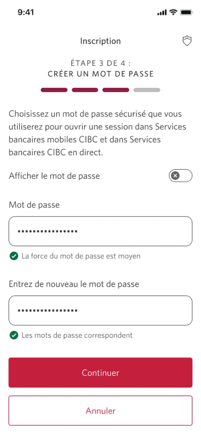 Écran 8 de la démonstration : Page d’inscription 3b de 4 avec nouvelle saisie du mot de passe. Une animation dynamique met en évidence le bouton Continuer.