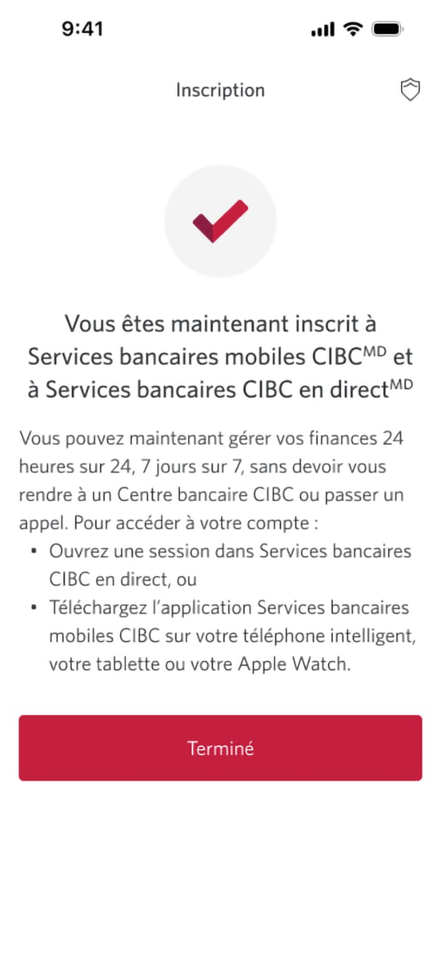 Écran 11 de la démonstration : Page de confirmation indiquant que l’inscription a réussi. Aucune animation dynamique.