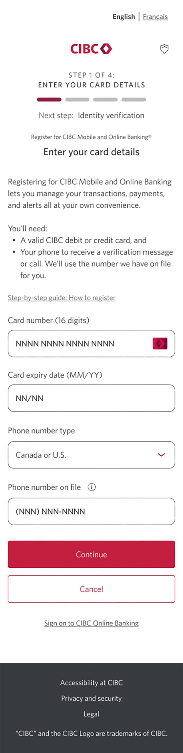 Demo screen 3: Registration page 1 of 4 with fields for card details. A pulsing animation highlights the "Continue" button.