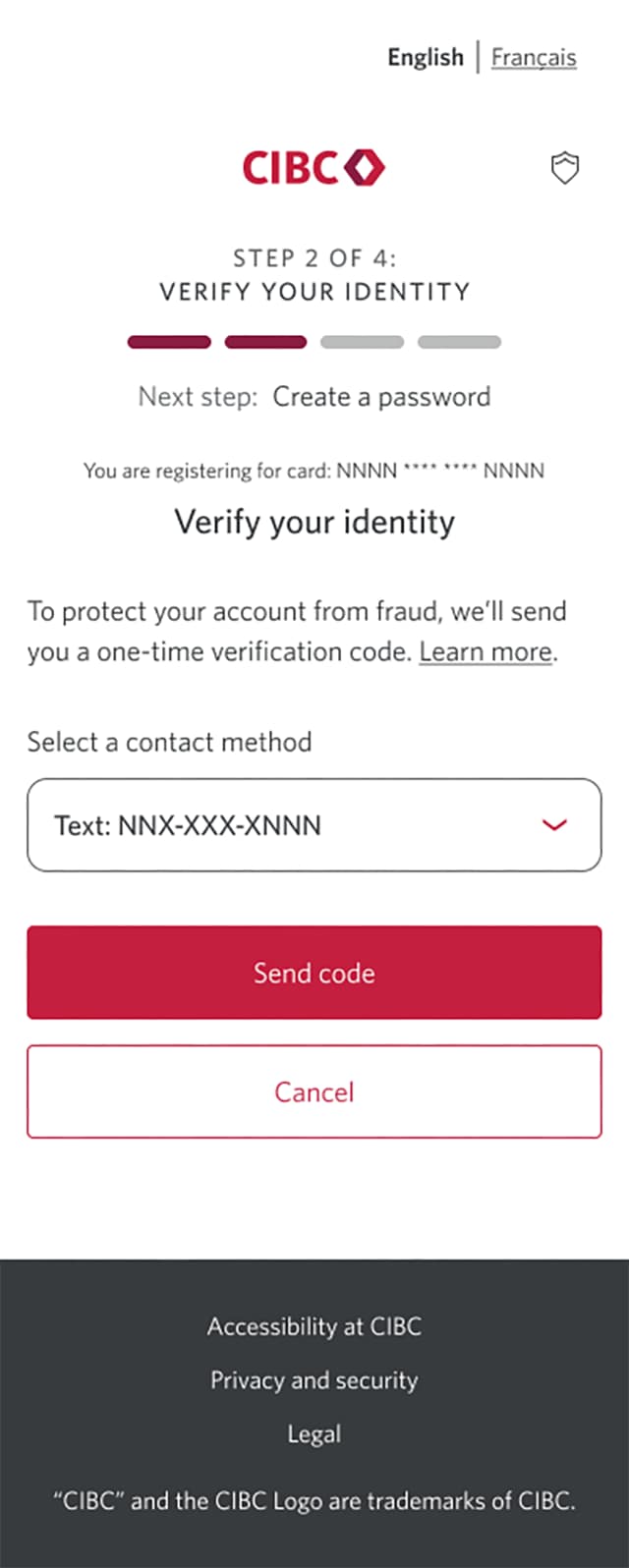 Demo screen 4: Registration page 2a of 4 with contact method selection. A pulsing animation highlights the "Send code" button.