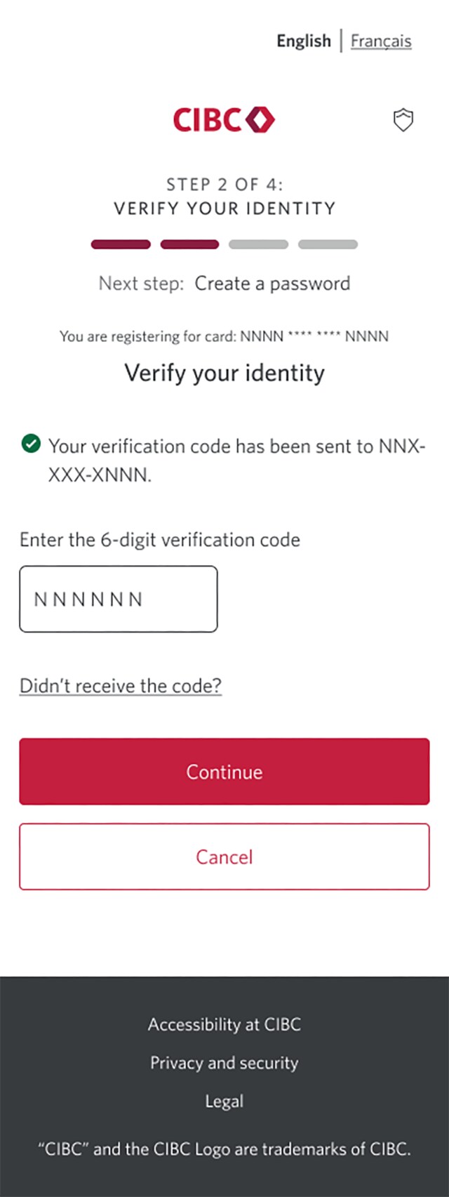 Demo screen 5: Registration page 2b of 4 with verification code input. A pulsing animation highlights the "Continue" button.