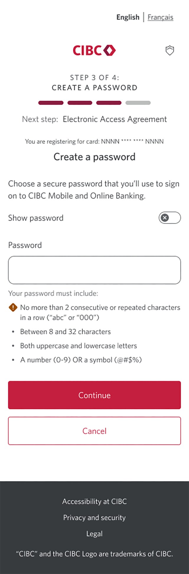 Demo screen 6: Registration page 3a of 4 with password creation input. A pulsing animation highlights the "Continue" button.