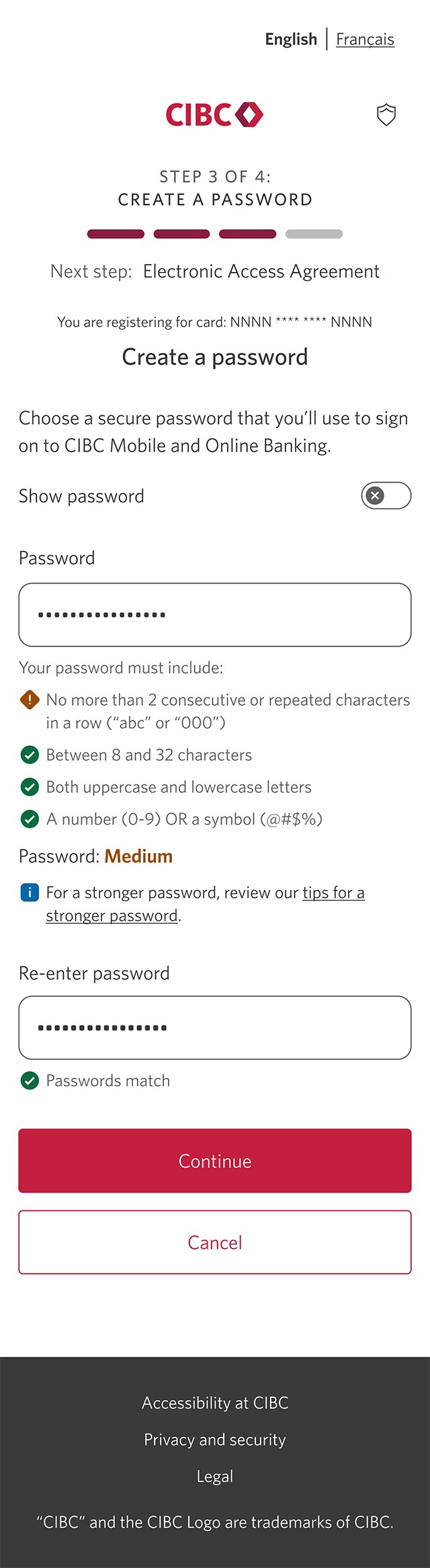 Demo screen 7: Registration page 3b of 4 with re-enter password input. A pulsing animation highlights the "Continue" button.