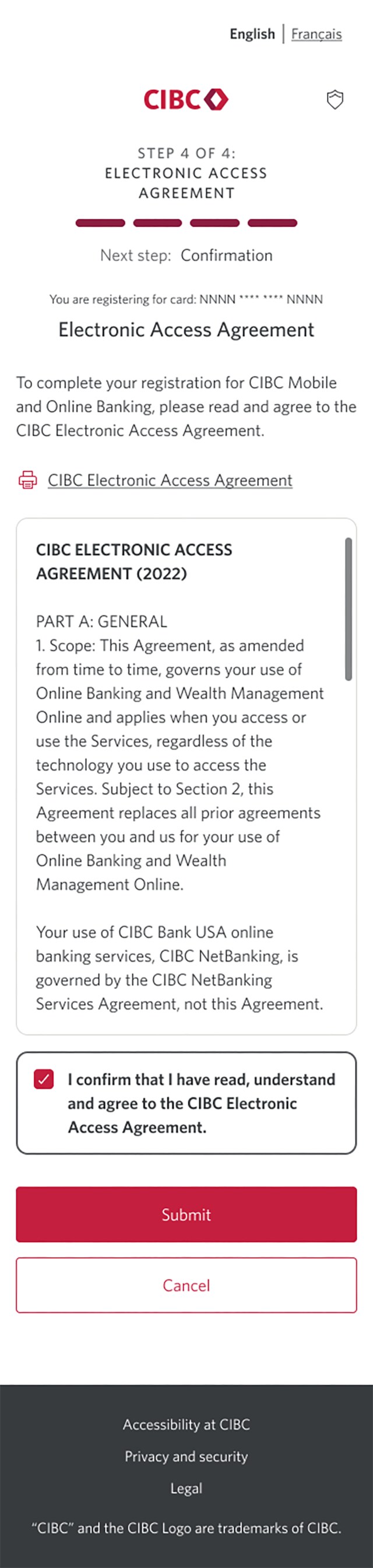 Demo screen 8: Registration page 4 of 4 with Electronic Access Agreement. A pulsing animation highlights the "Submit" button.