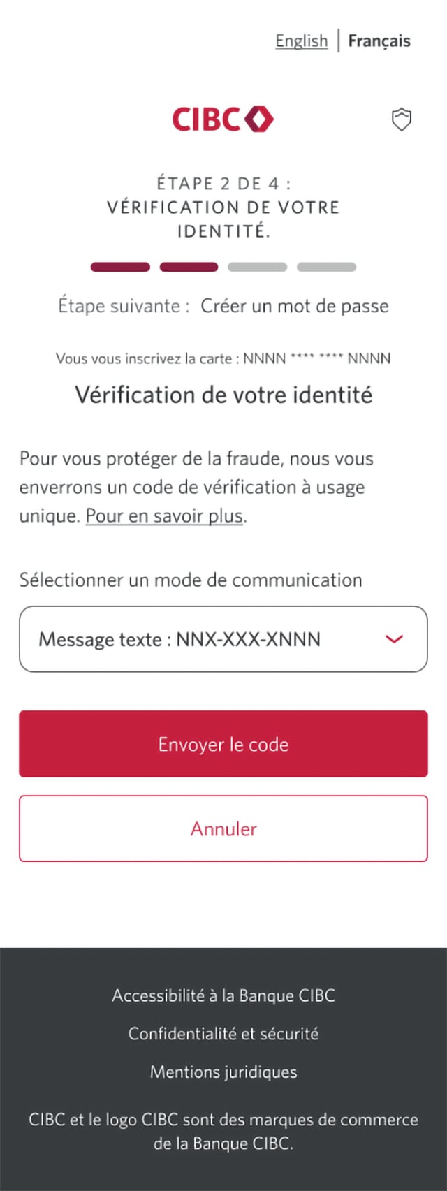 Écran 4 de la démonstration : Page d’inscription 2a de 4 avec la sélection du mode de communication. Une animation en pulsation met en évidence le bouton Envoyer le code.