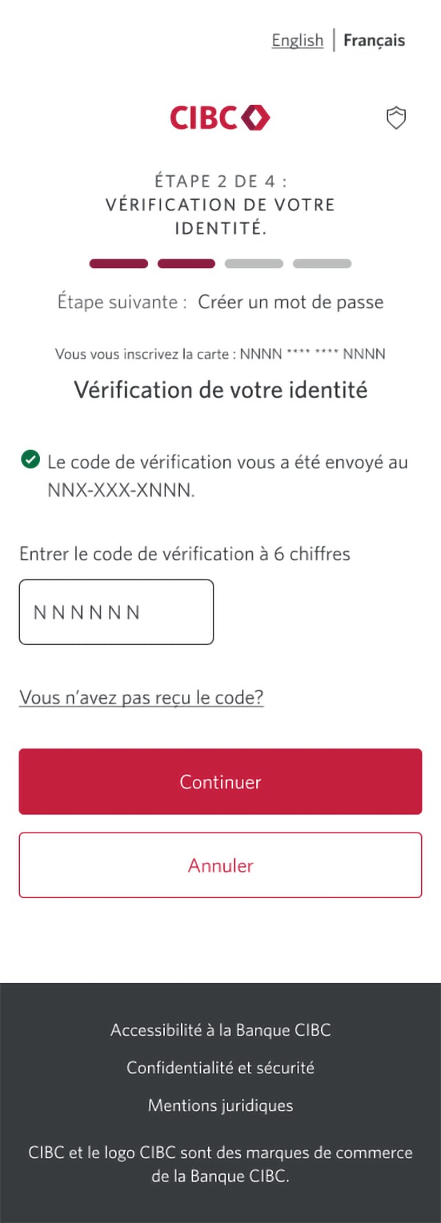 Écran 5 de la démonstration : Page d’inscription 2b de 4 avec saisie du code de vérification. Une animation dynamique met en évidence le bouton Continuer.