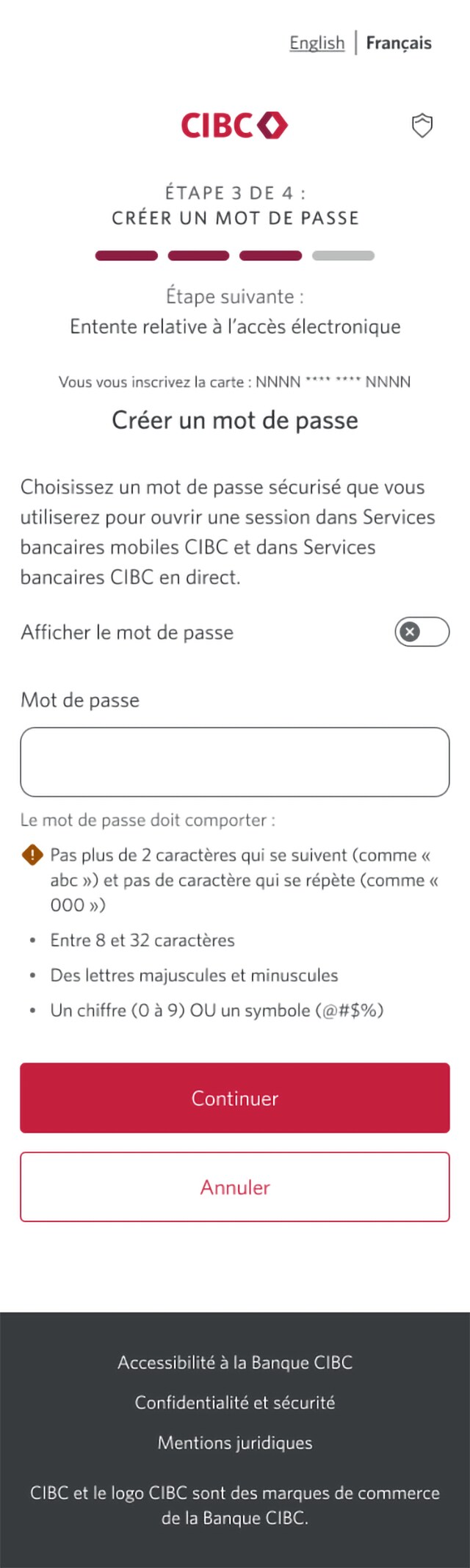 Écran 6 de la démonstration : Page d’inscription 3a de 4 avec création du mot de passe. Une animation dynamique met en évidence le bouton Continuer.