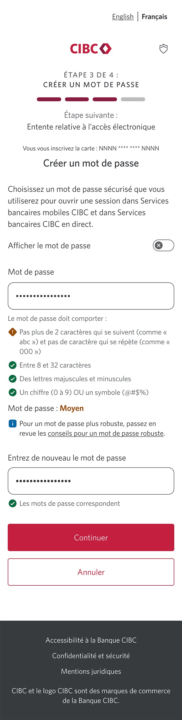 Écran 7 de la démonstration : Page d’inscription 3b de 4 avec nouvelle saisie du mot de passe. Une animation dynamique met en évidence le bouton Continuer.