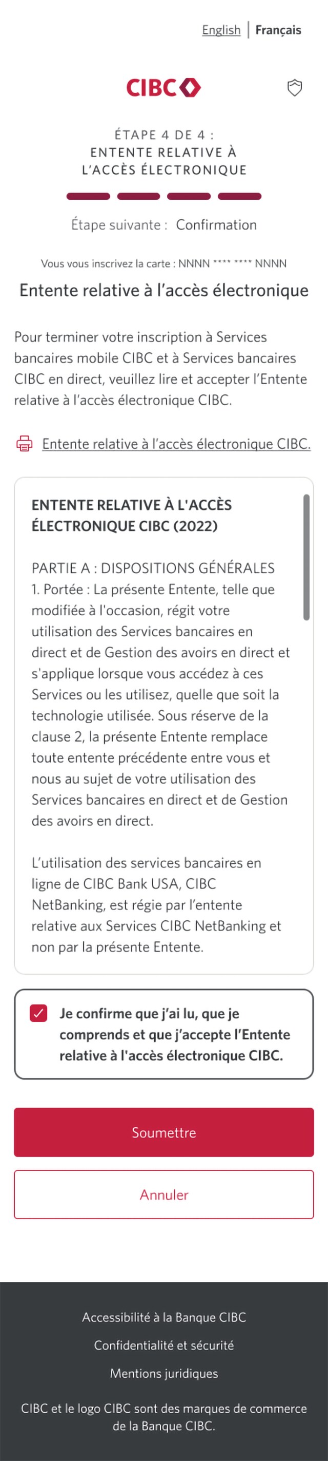 Écran 8 de la démonstration : Page d’inscription 4 de 4 avec entente relative à l’accès électronique. Une animation dynamique met en évidence le bouton Soumettre.