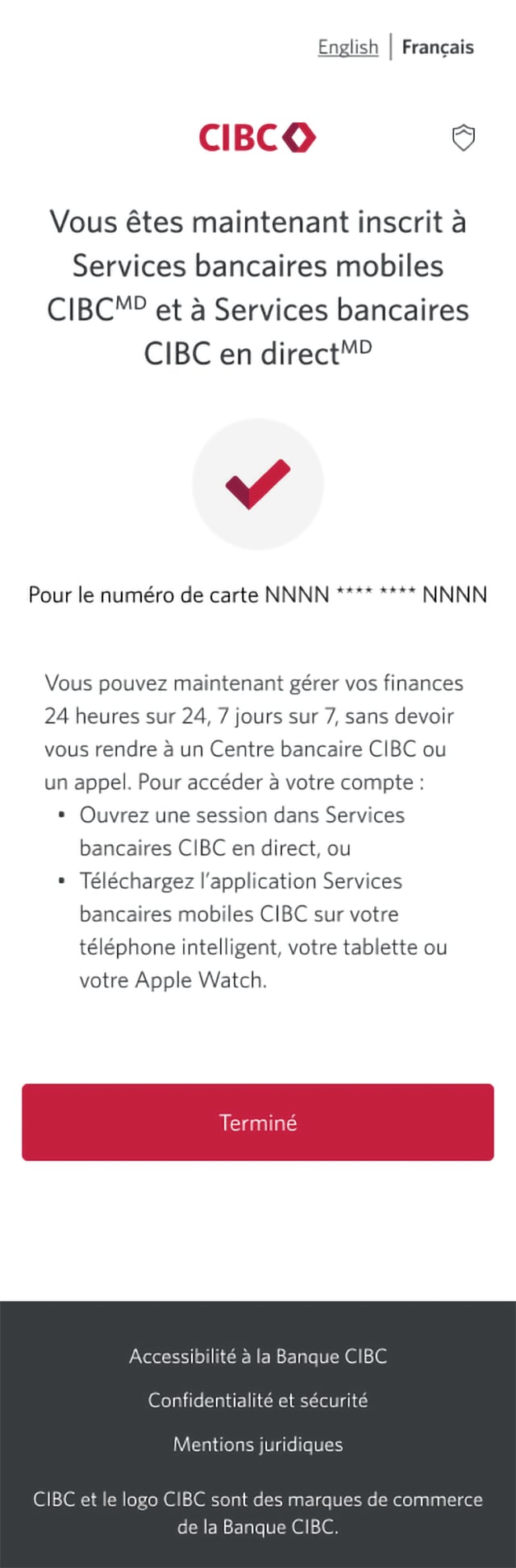 Écran 9 de la démonstration : Page de confirmation indiquant que l’inscription a réussi. Aucune animation dynamique.