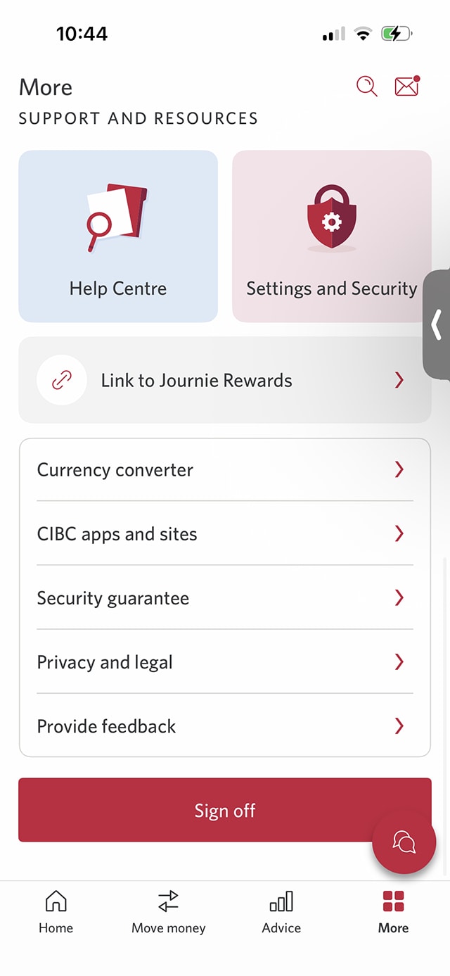 Demo screen 3: CIBC Mobile Banking App Support and Resources page. A pulsing animation highlights the "Settings and Security" button.