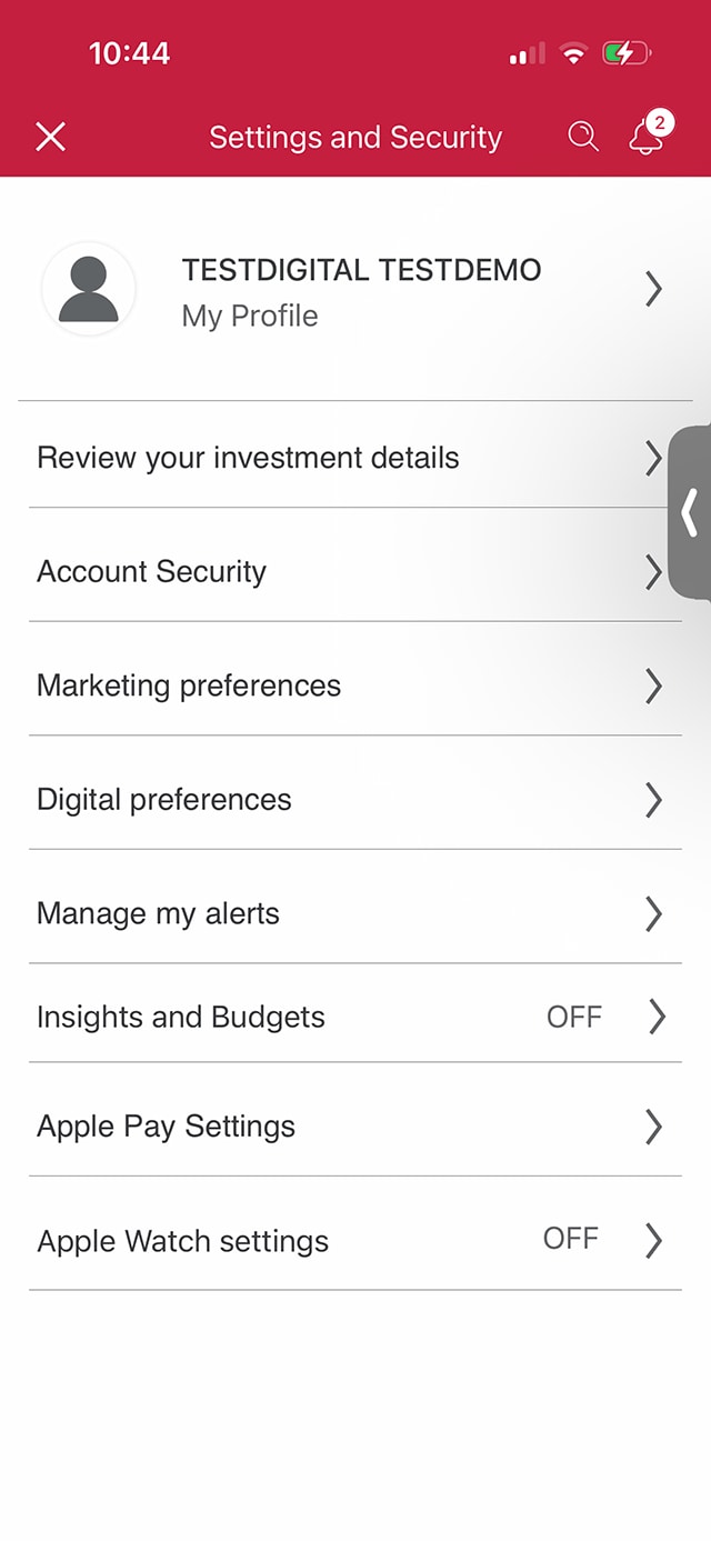 Demo screen 4: CIBC mobile banking app settings and security page. A pulsing animation highlights the "Account Security" button.