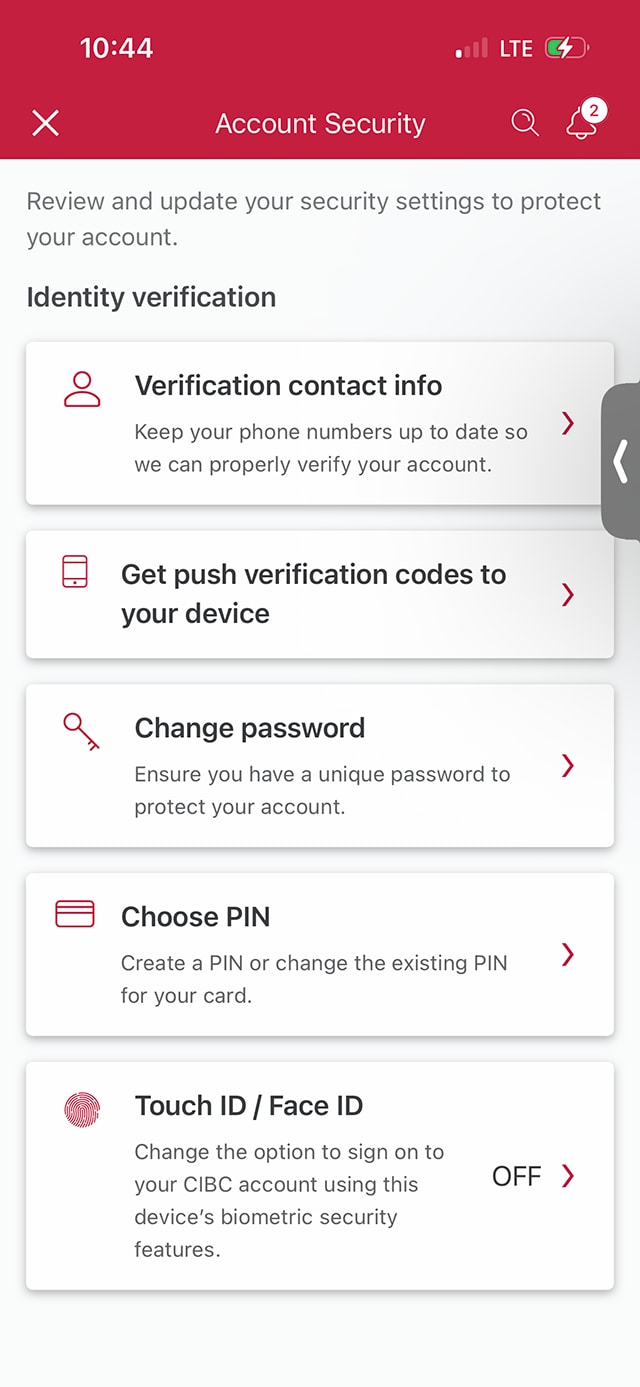 Demo screen 5: CIBC Mobile Banking App Account Security page. A pulsing animation highlights the "Get push verification codes to your device" button.