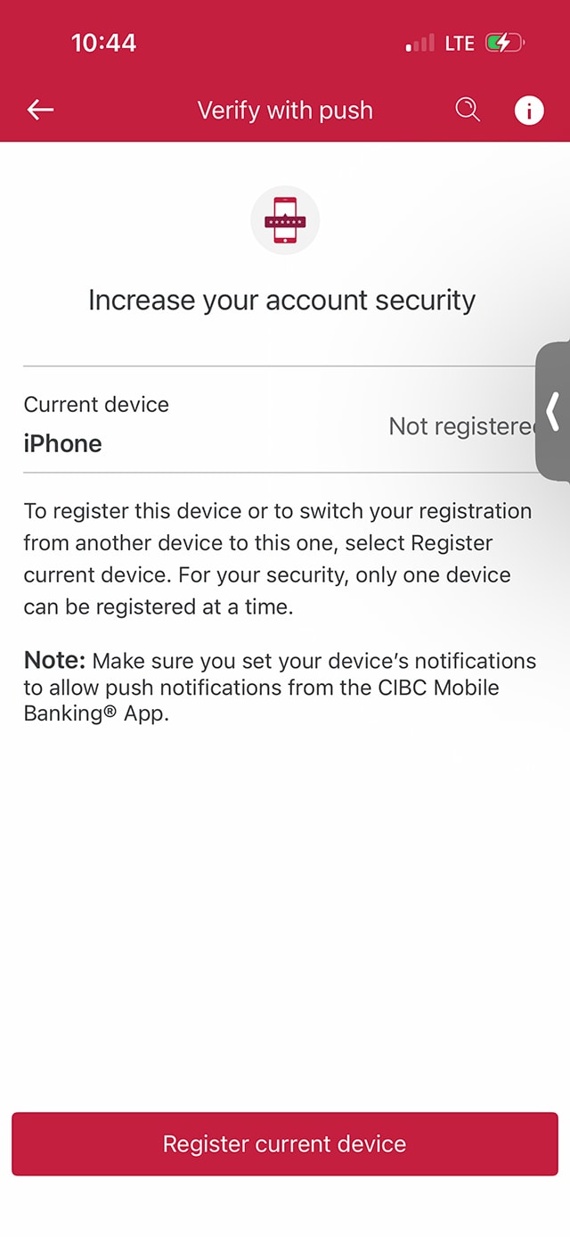 Demo screen 6: CIBC Mobile Banking App push notification verification page. A pulsing animation highlights the "Register current device" button.