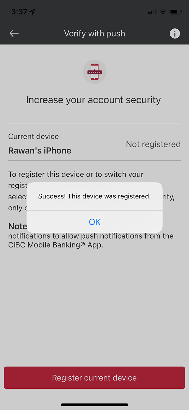 Demo screen 6: CIBC Mobile Banking App push notification verification page. No pulsing animation.