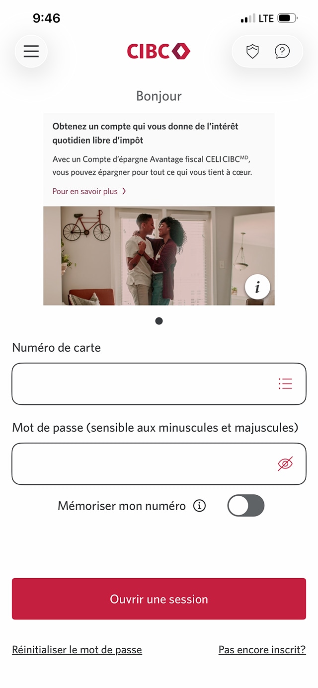 Écran 1 de la démonstration : Page d’ouverture de session de l’application Services bancaires mobiles CIBC. Une animation dynamique met en évidence le bouton Ouvrir une session.