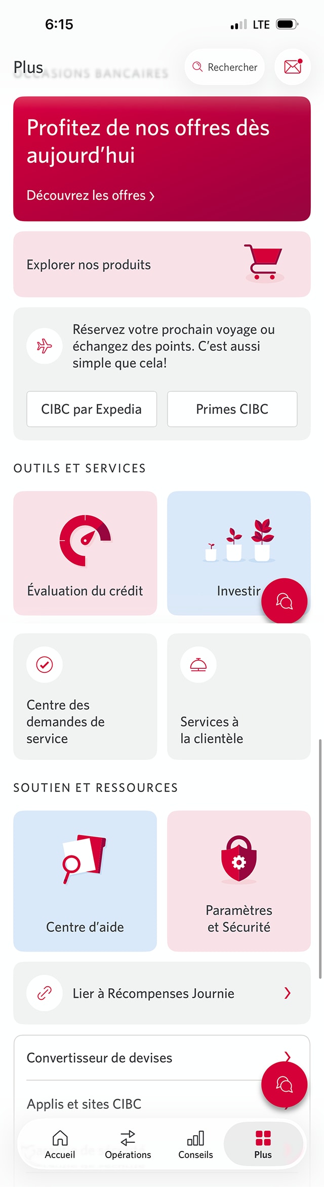 Écran 3 de la démonstration : Page Soutien et ressources de l’application Services bancaires mobiles CIBC. Une animation dynamique met en évidence le bouton Paramètres et Sécurité.