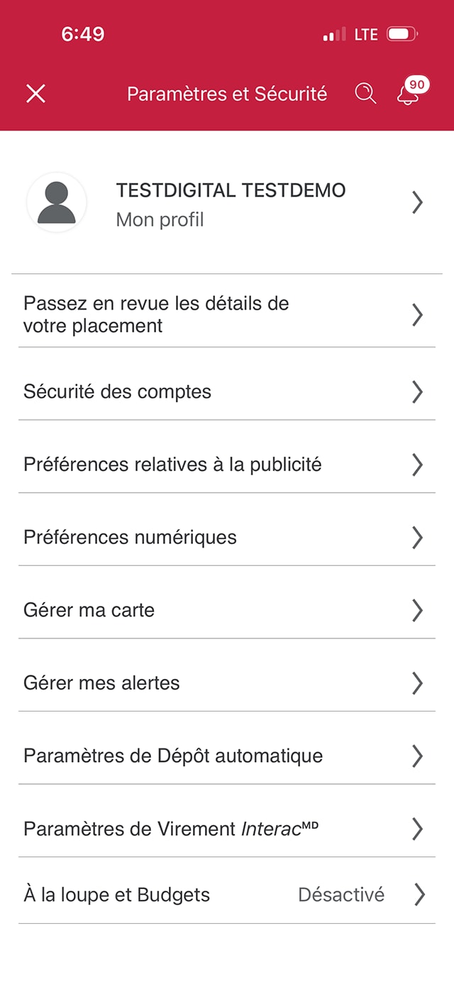 Écran 4 de la démonstration : Page Paramètres et Sécurité de l’application Services bancaires mobiles CIBC. Une animation dynamique met en évidence le bouton Sécurité des comptes.