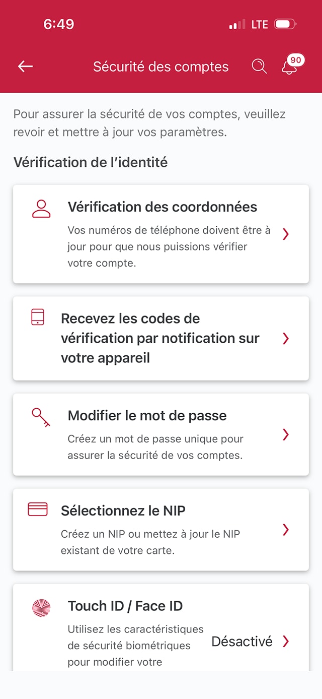 Écran 5 de la démonstration : Page Sécurité des comptes de l’application Services bancaires mobiles CIBC. Une animation dynamique met en évidence le bouton Recevez les codes de vérification par notification sur votre appareil.