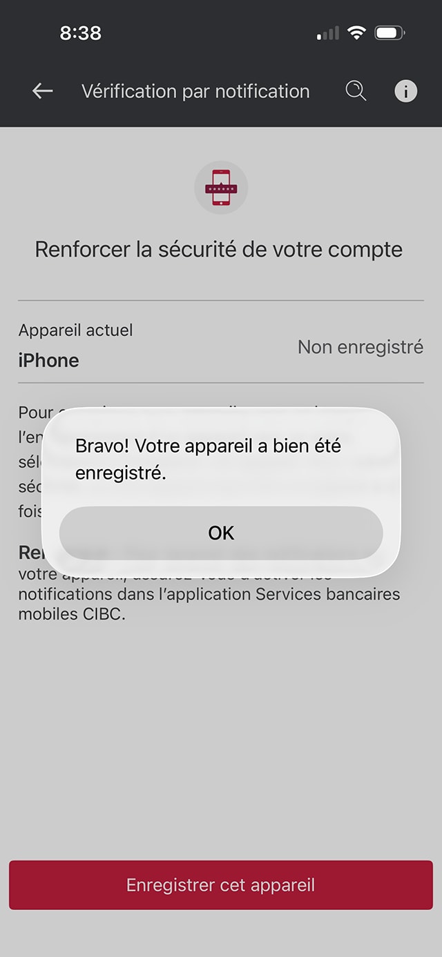 Écran 7 de la démonstration : Page de vérification des notifications de l’application Services bancaires mobiles CIBC. Aucune animation dynamique.