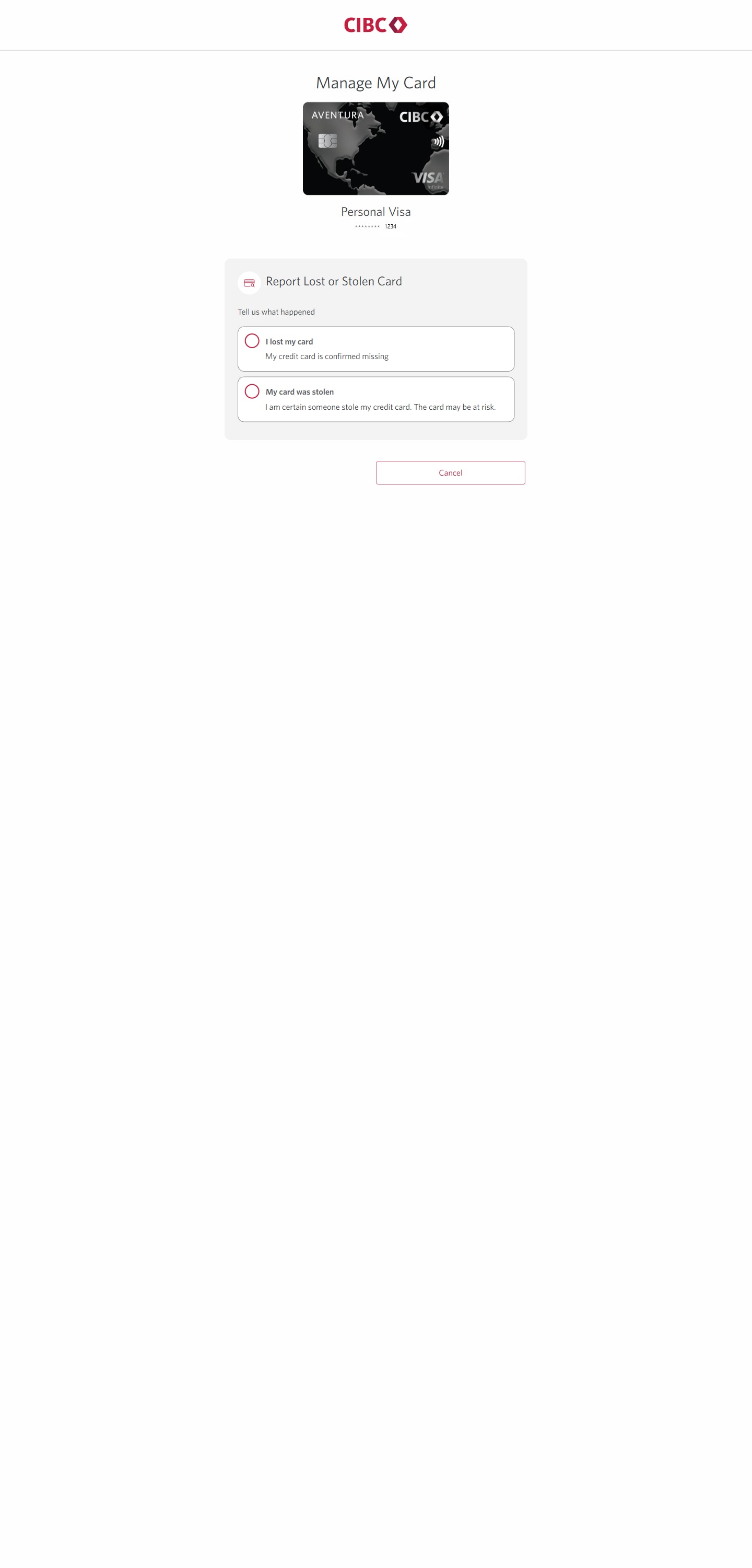 Demo screen 5: Manage my card page with "I lost my card" and "My card was stolen" options. A pulsing animation highlights the "I lost my card" radio button.