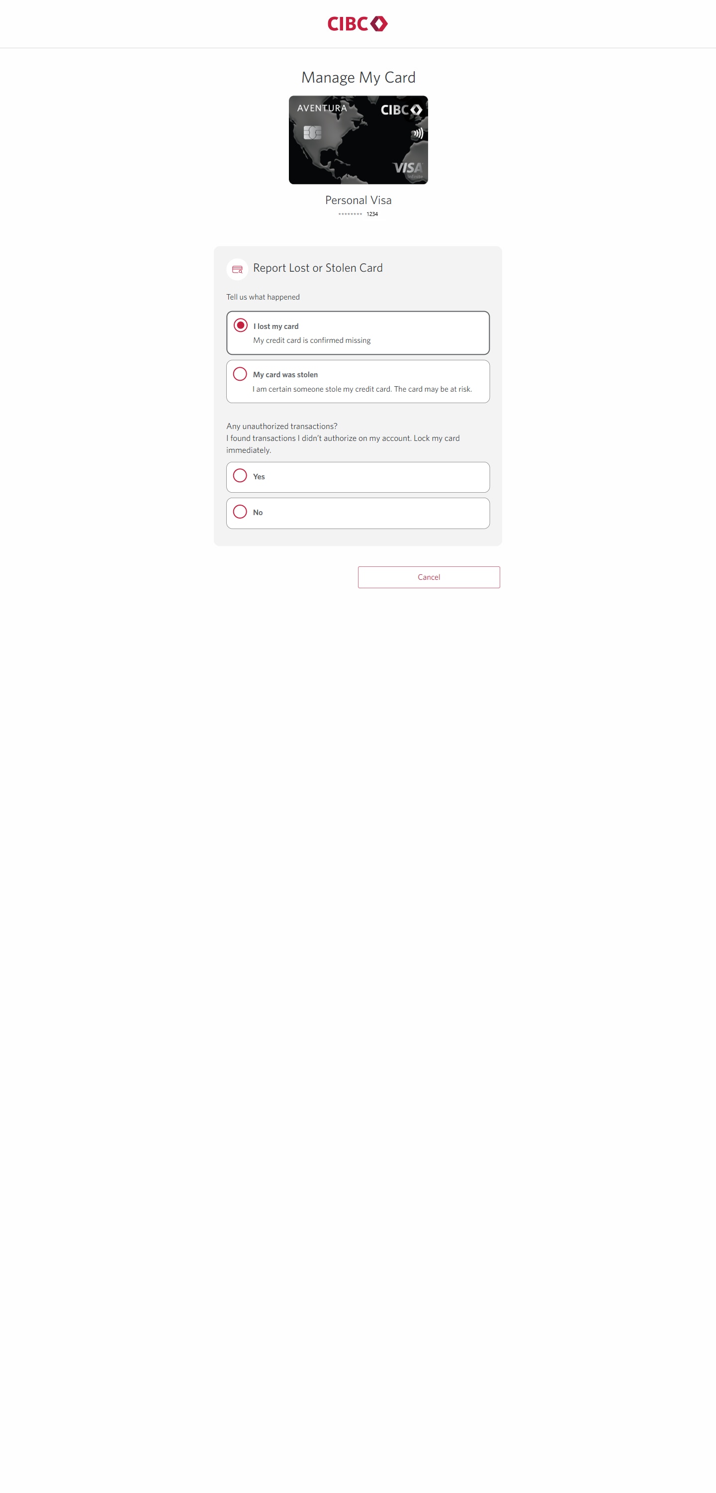 Demo screen 6: Manage my card page with "Any unauthorized transactions?" radio buttons. A pulsing animation highlights the "No" radio button.