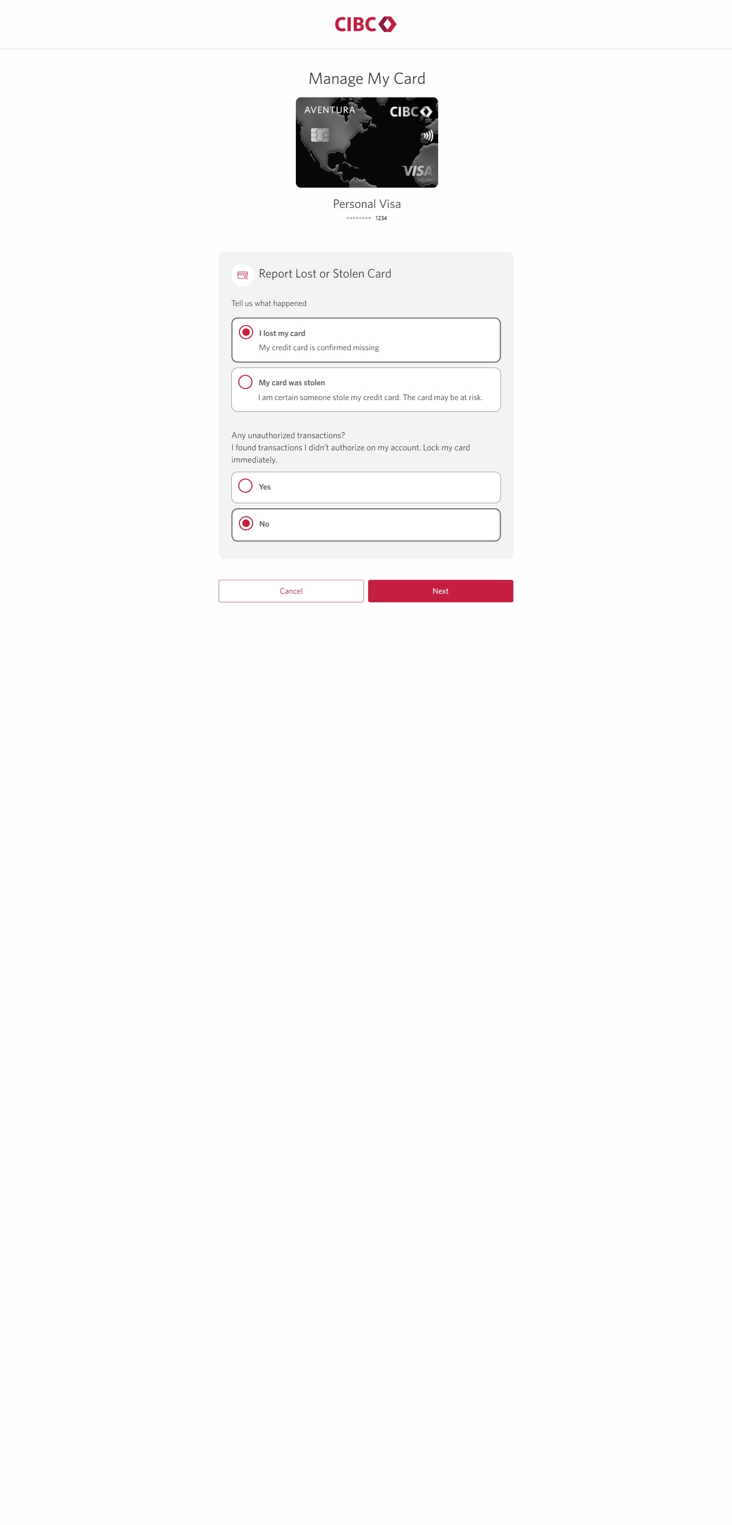 Demo screen 7: Manage my card page with "Any unauthorized transactions?" radio buttons. A pulsing animation highlights the "Next" button.
