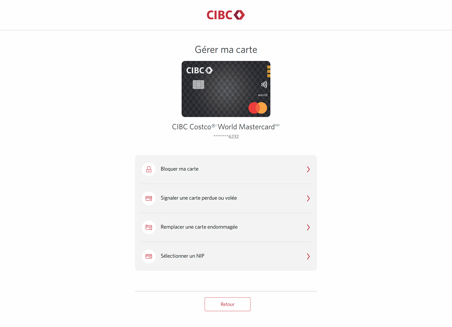 Écran 4 de la démonstration : Page Gérer ma carte. Une animation dynamique met en évidence le bouton Signaler une carte perdue ou volée.