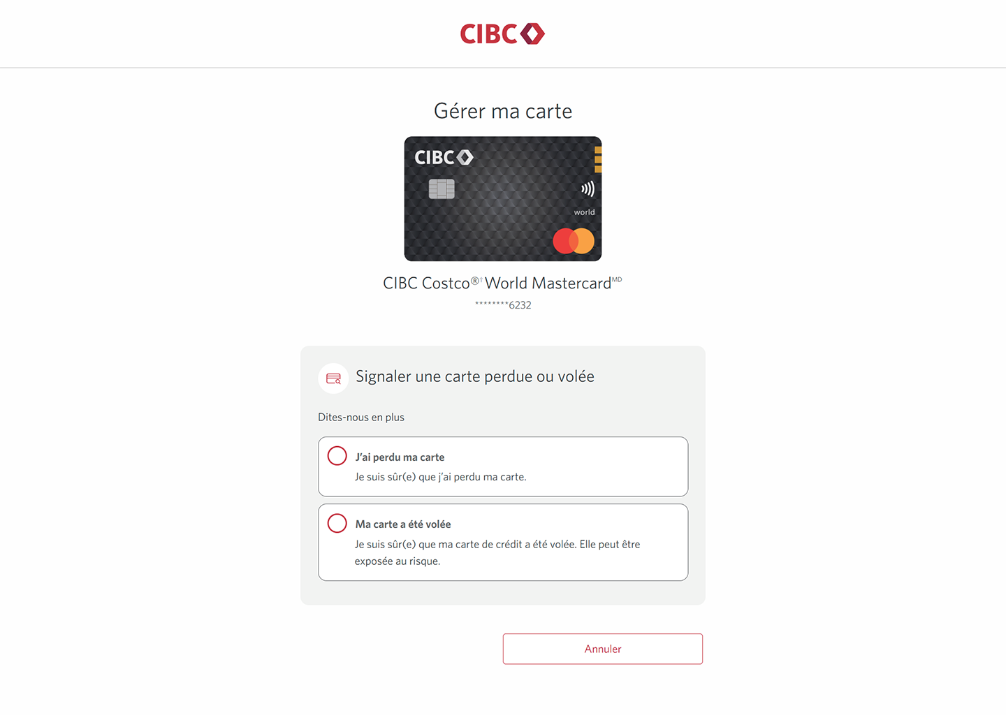 Écran 5 de la démonstration : Page Gérer ma carte avec les options « J’ai perdu ma carte » et « Ma carte a été volée ». Une animation dynamique met en évidence le bouton d’option « J’ai perdu ma carte ».