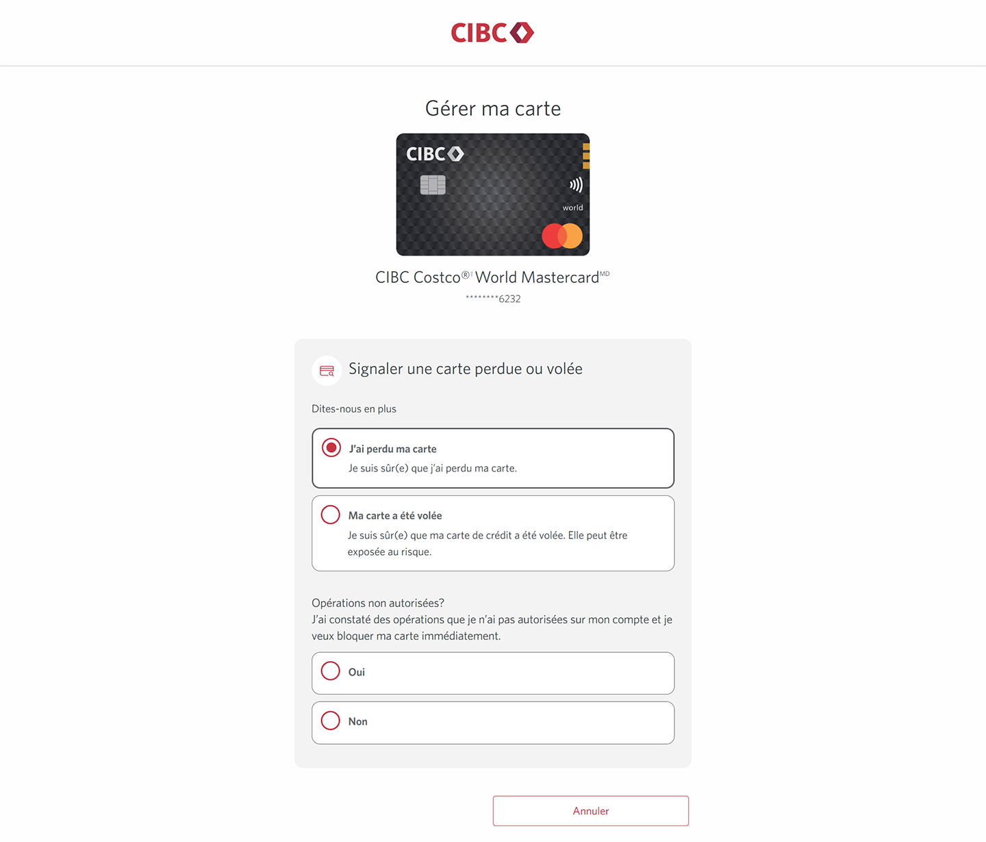 Écran 6 de la démonstration : Page Gérer ma carte avec le bouton d’option « Des opérations non autorisées ont-elles été effectuées? ». Une animation dynamique met en évidence le bouton d’option Non.